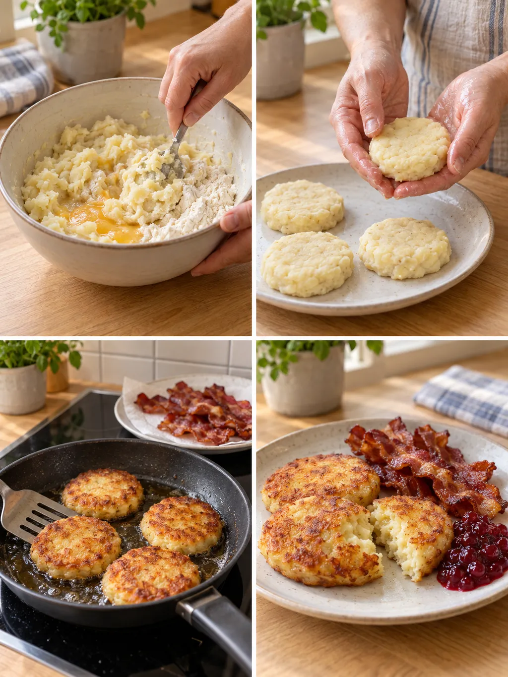 Potatisbullar blandas, formas och steks före servering med bacon och lingon