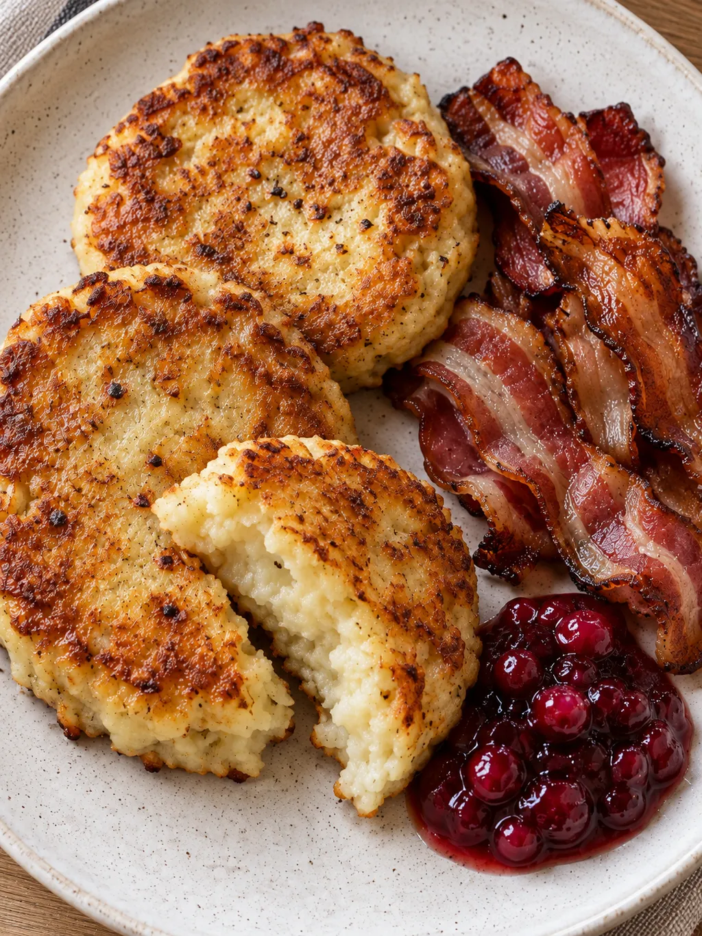 Tre gyllene potatisbullar med knapriga baconbitar och mörkröd lingonsylt