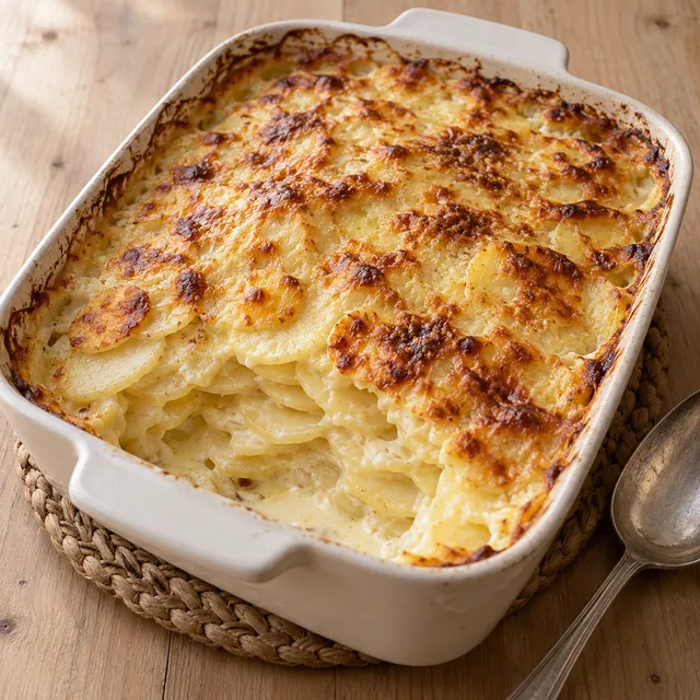 Potatisgratäng med gyllene osttäcke och tunna potatisskivor i vitlöksgrädde