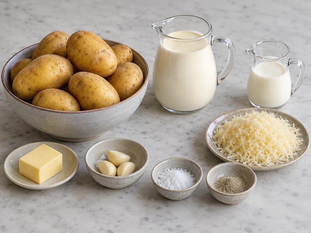 Potatis, vitlök, grädde, mjölk, smör, ost, salt och vitpeppar till gratängen