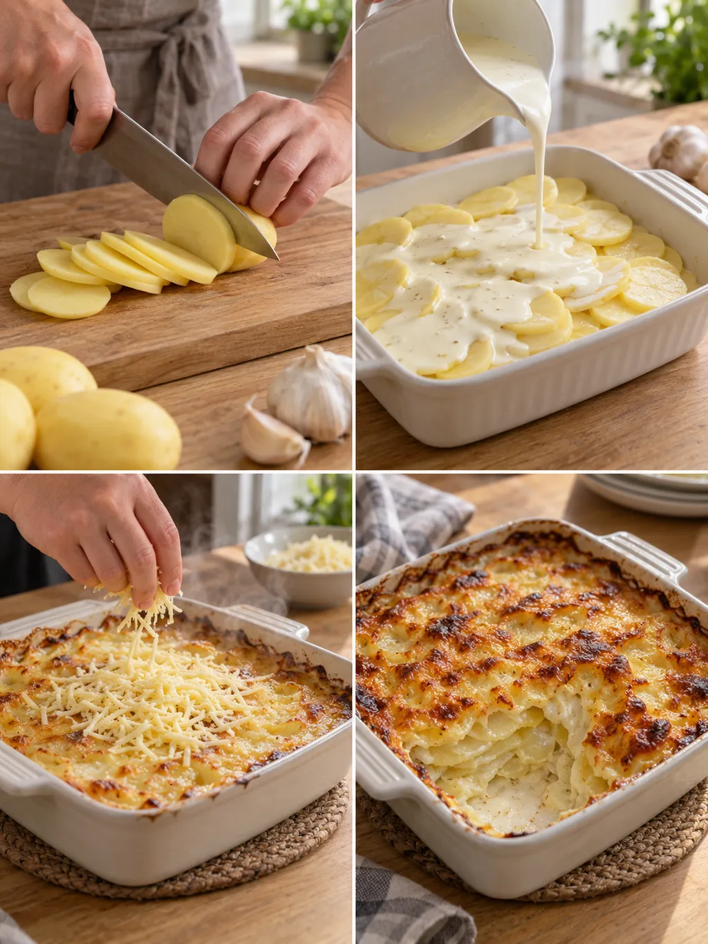 Potatis skivas, vitlöksgrädde fördelas och ost läggs på före den färdiga gratängen