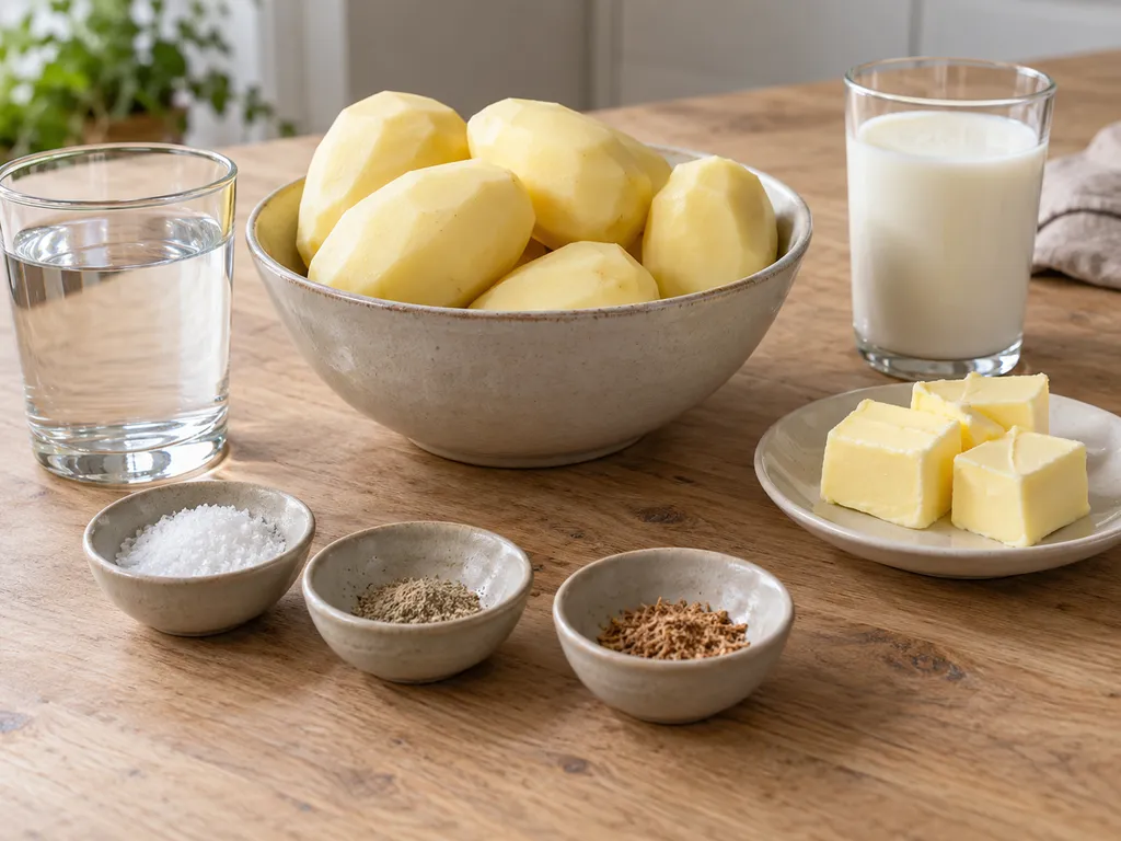 Potatis, smör, mjölk, salt, vitpeppar och muskot till potatismos