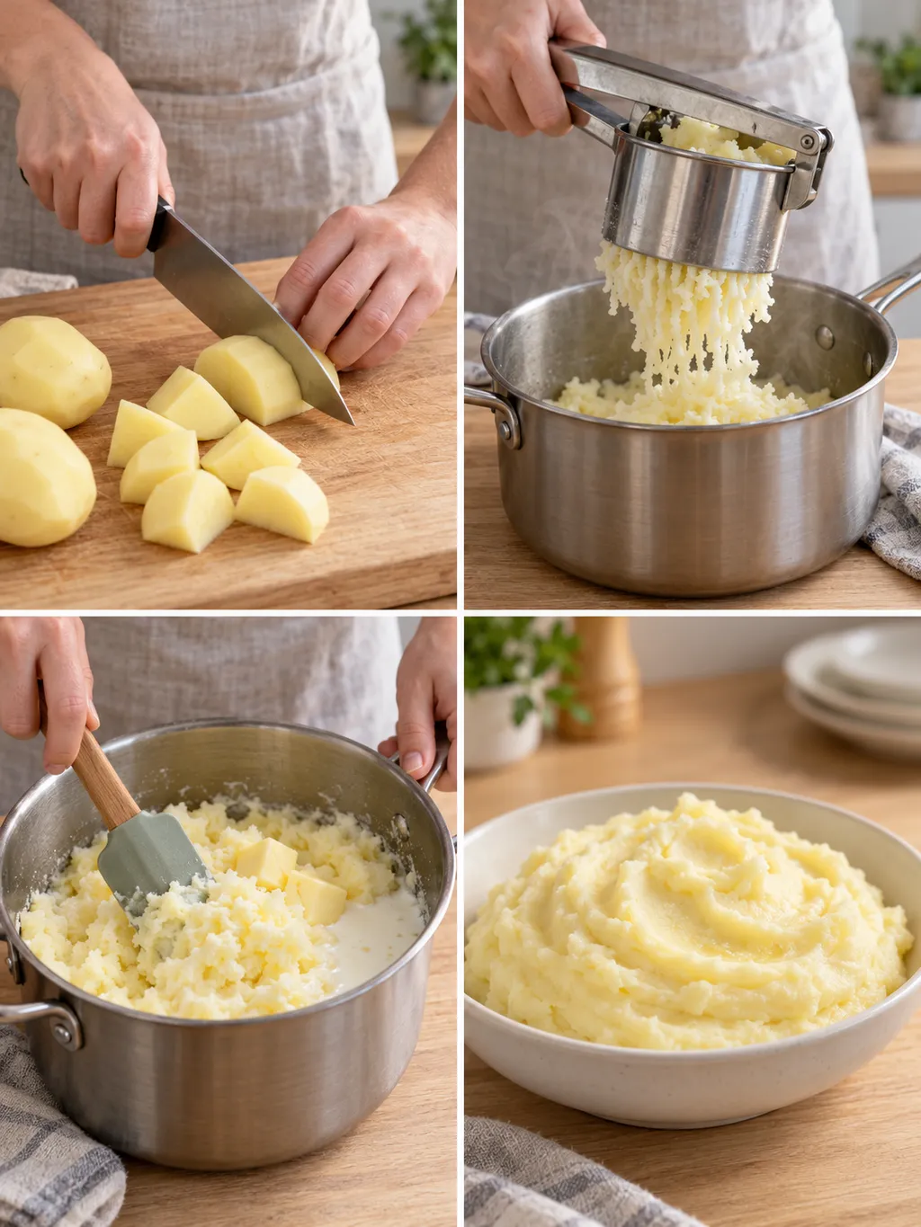 Potatis delas, pressas och blandas till ett lent potatismos som serveras i skål
