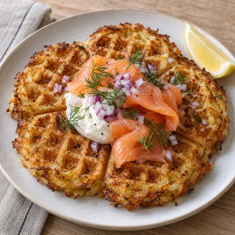 Gyllene potatisvåffla med kallrökt lax, gräddfil, rödlök, dill och citron