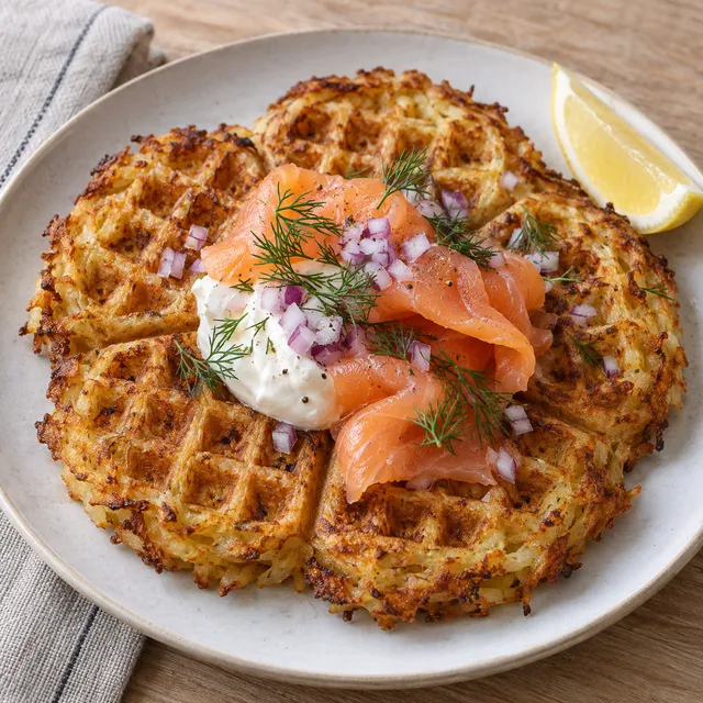 Gyllene potatisvåffla med kallrökt lax, gräddfil, rödlök, dill och citron