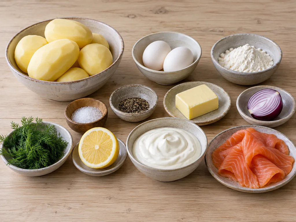 Potatis, ägg, mjöl, smör och kryddor med lax, gräddfil, rödlök, dill och citron