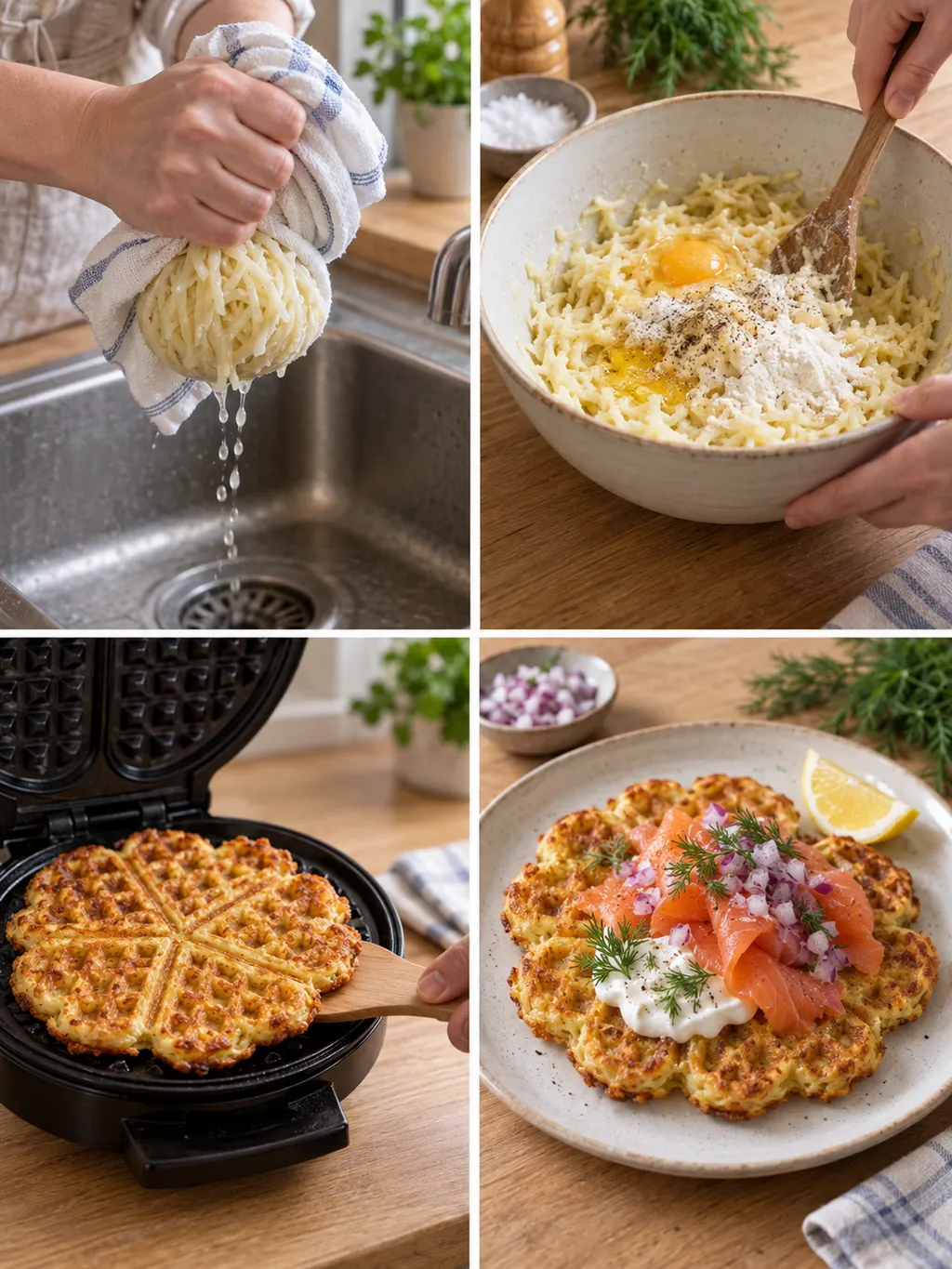 Potatis kramas ur, smet blandas och våfflan gräddas och serveras med lax och gräddfil