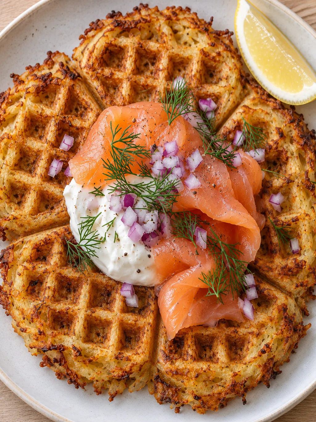 Frasig potatisvåffla med rökt lax, vit gräddfil, rödlök och dill