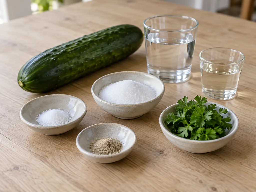 Gurka, salt, vatten, socker, ättika, vitpeppar och persilja till pressgurka