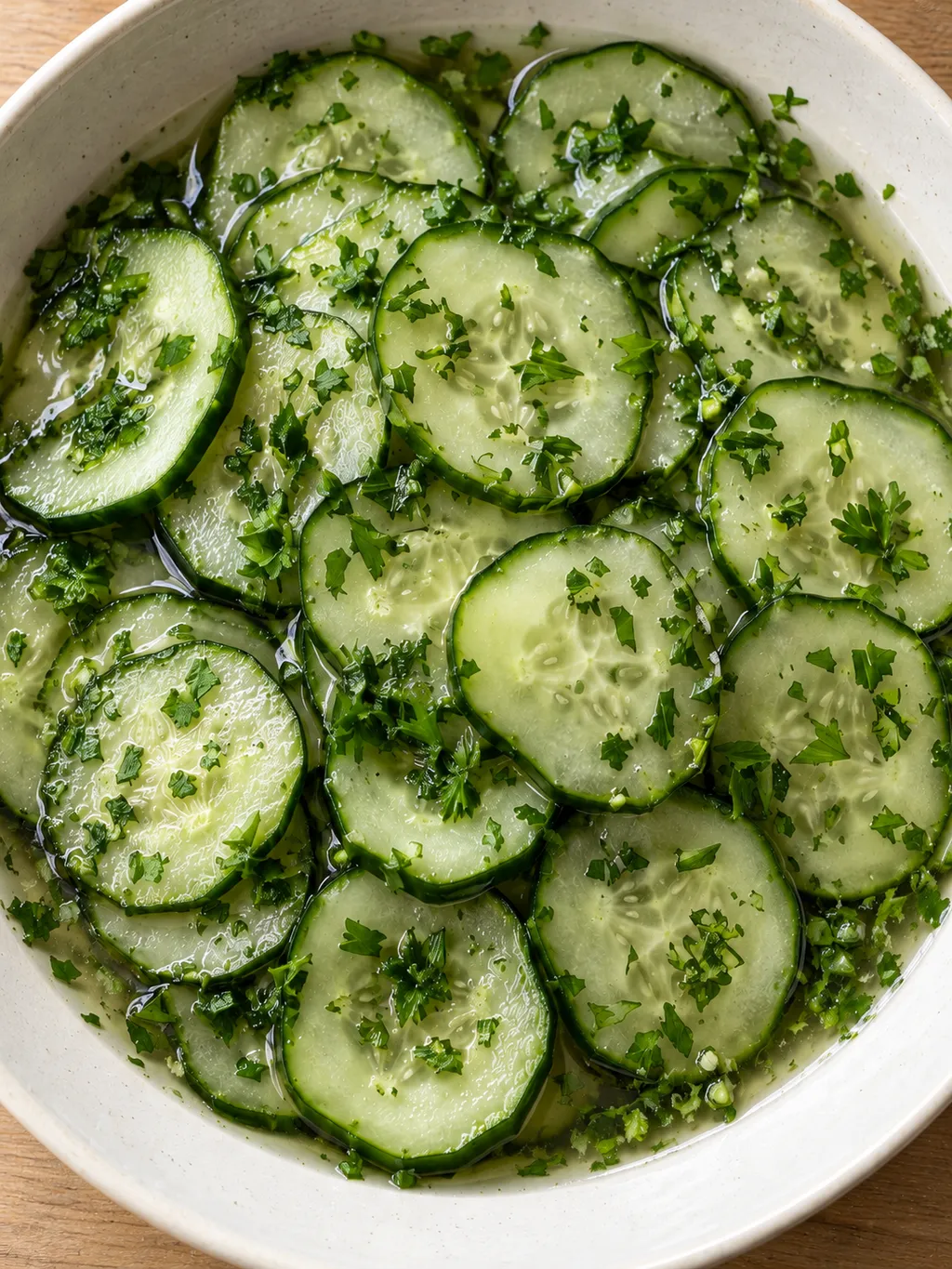 Pressgurka med tunna gröna skivor, persilja och sötsyrlig lag