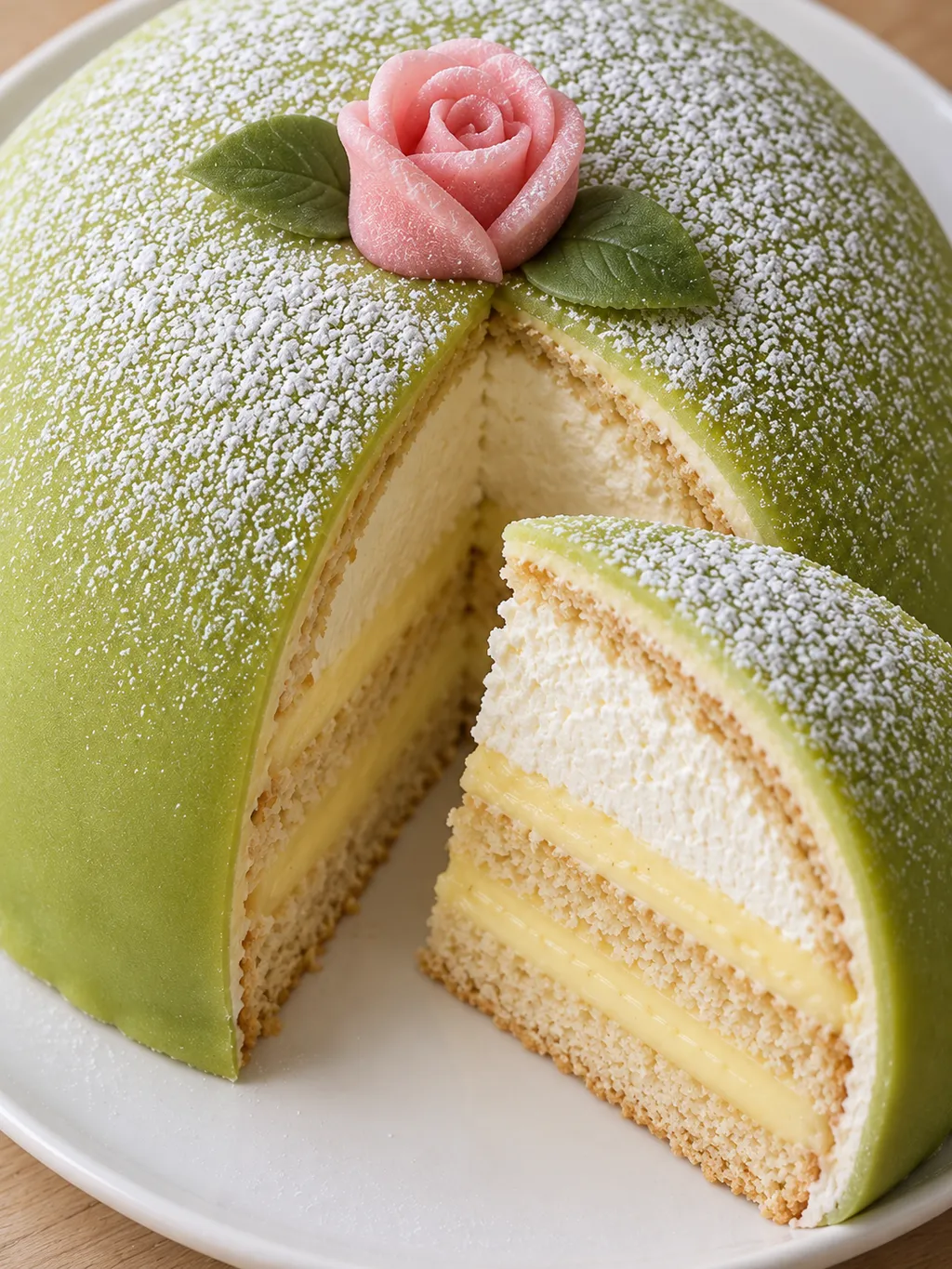 Grön prinsesstårta utan sylt med rosa ros och en utskuren bit