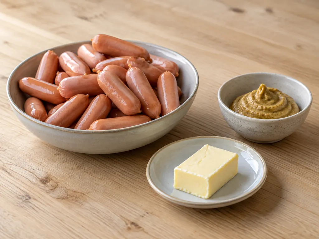 Prinskorv, smör och senap i separata skålar och på ett litet fat
