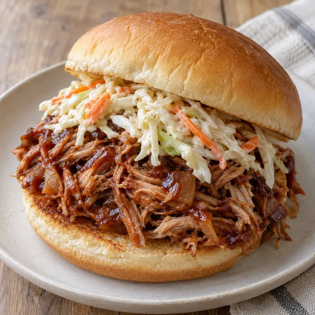 Pulled pork med grillsås och krämig coleslaw i ett mjukt hamburgerbröd