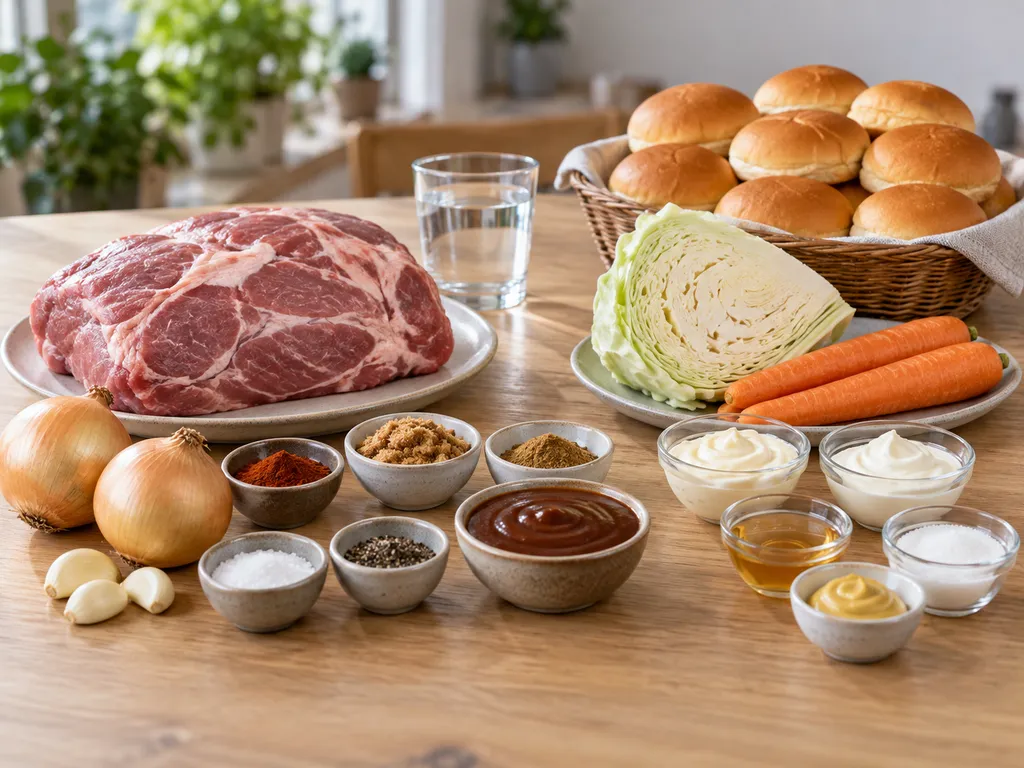 Fläskkarré, kål, morötter, kryddor, dressing och bröd till pulled pork med coleslaw