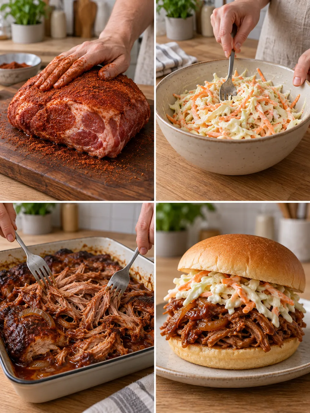 Kryddning av fläskkarré, blandning av coleslaw och färdig pulled pork i bröd