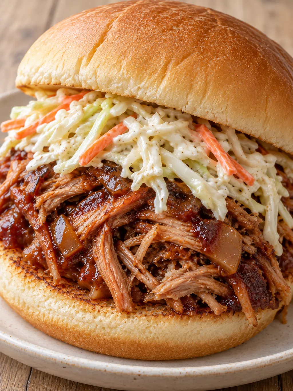 Mjukt hamburgerbröd fyllt med saftig pulled pork och coleslaw med morot