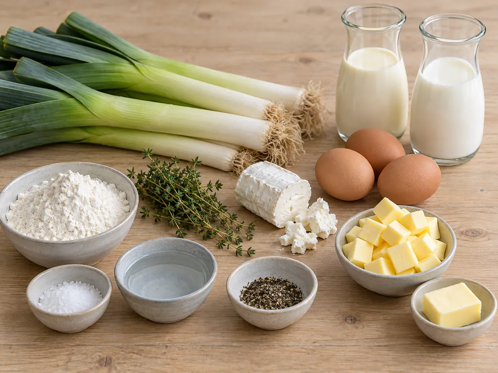 Purjolök, chèvre, timjan, ägg och råvaror till pajskal och äggstanning