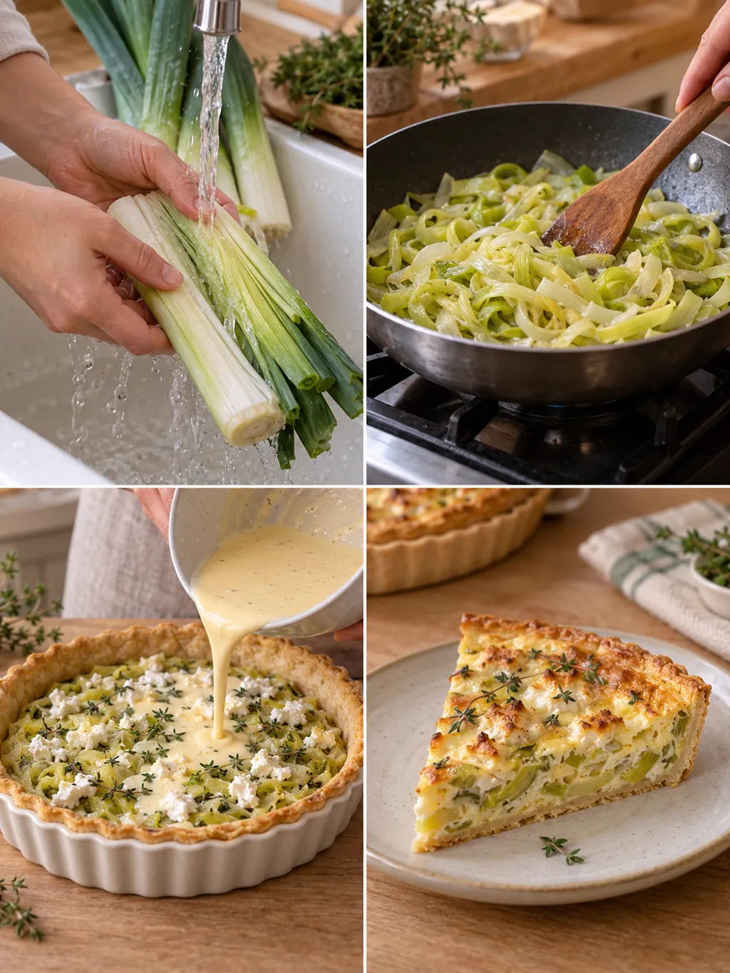 Purjon sköljs och fräses innan pajen fylls och serveras med getost och timjan