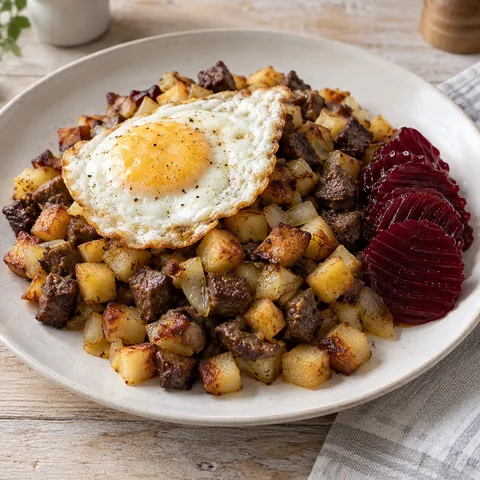 Pyttipanna med gyllene potatistärningar, stekt ägg och inlagda rödbetor