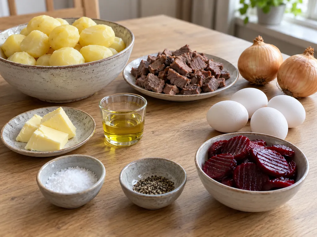 Kokt potatis, tillagat nötkött, lök, fyra ägg, smör och rödbetor till pyttipanna