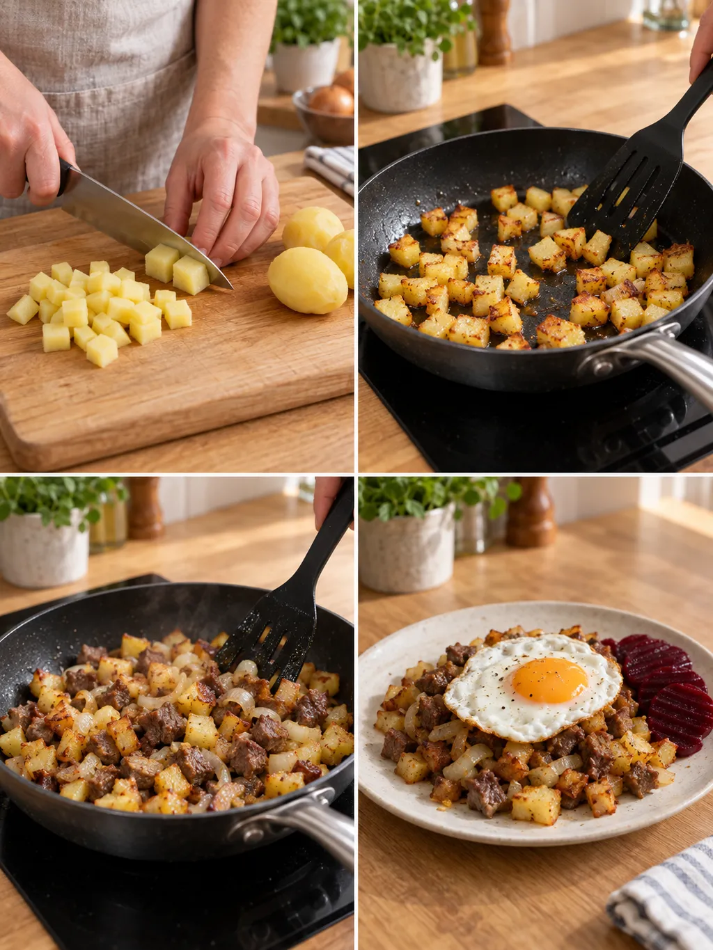 Potatis tärnas och steks till pyttipanna som serveras med ägg och rödbetor