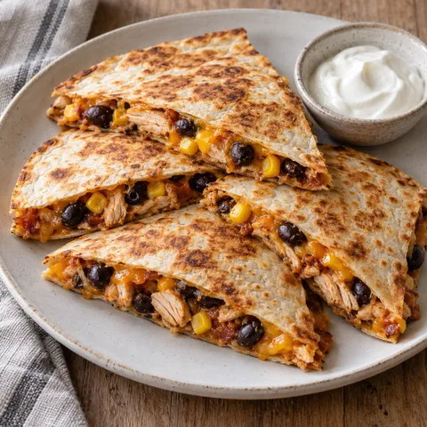 Frasiga quesadillas med kyckling, svarta bönor, majs och smält cheddar