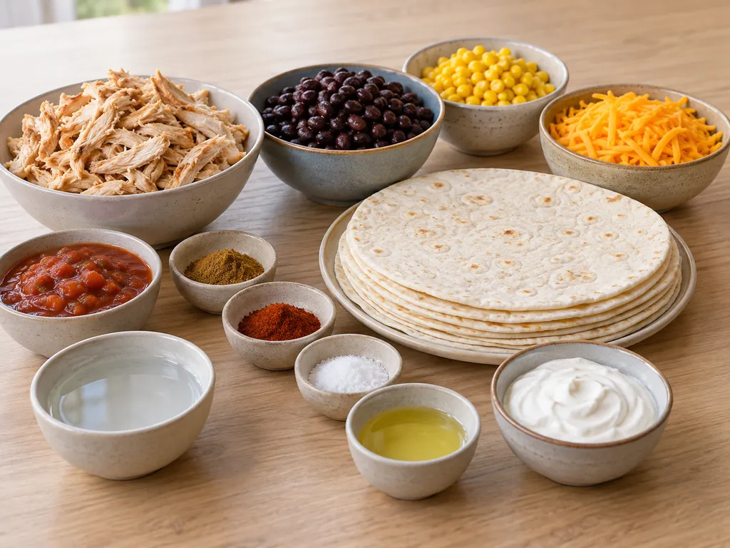 Tortillor, tillagad kyckling, svarta bönor, majs, cheddar, salsa och gräddfil