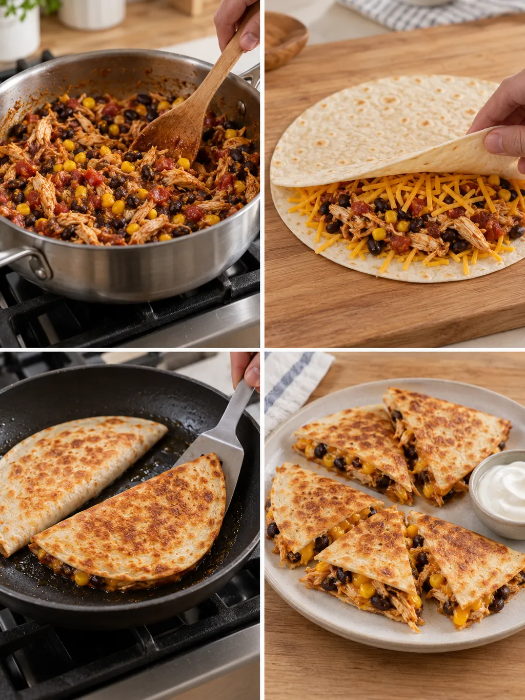 Kycklingfyllning värms, tortillor fylls och steks till färdiga quesadillas