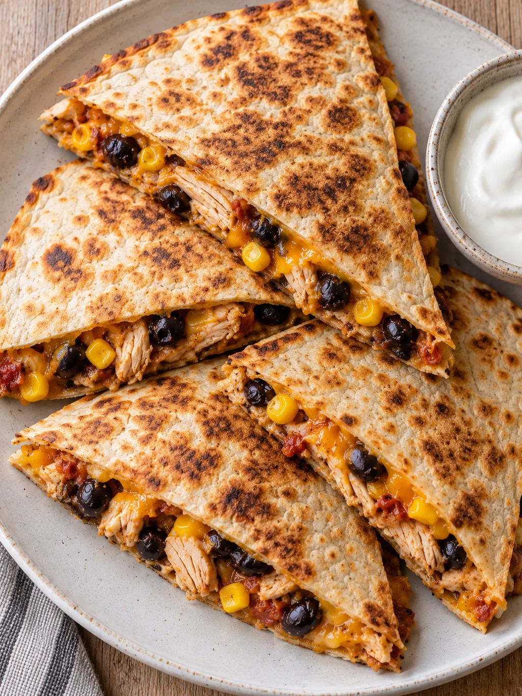 Gyllenbruna quesadillatrekanter med kyckling, bönor och cheddar samt gräddfil