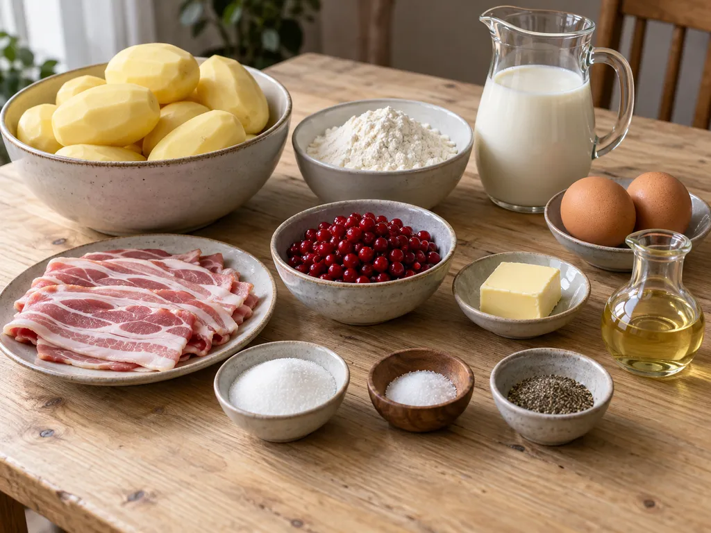 Potatis, mjöl, mjölk, ägg, stekfett, sidfläsk och lingon till raggmunk