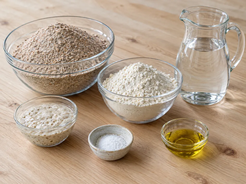 Rågsurdeg, rågmjöl, vetemjöl, vatten, salt och rapsolja i separata kärl