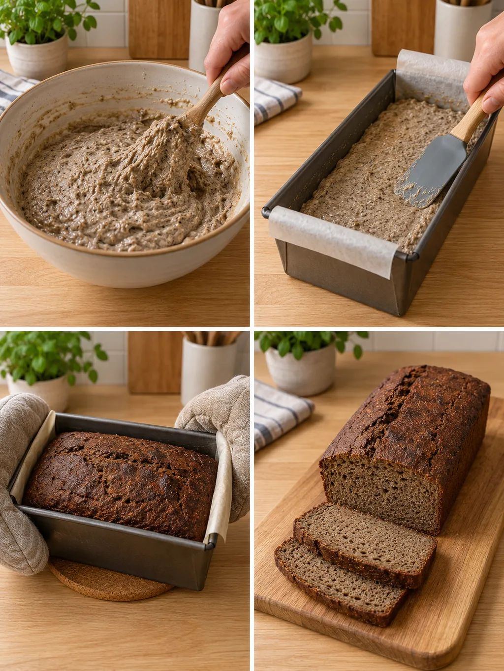 Rågdeg blandas och fylls i form, följt av gräddad limpa och färdiga brödskivor