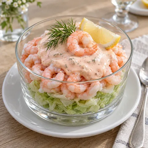 Räkcocktail i glas med isbergssallad, rosa sås, dill och citron