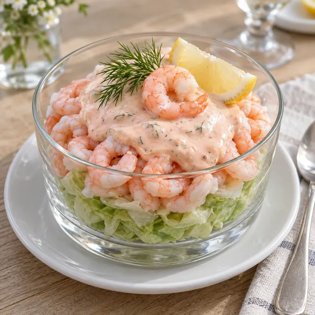 Räkcocktail i glas med isbergssallad, rosa sås, dill och citron