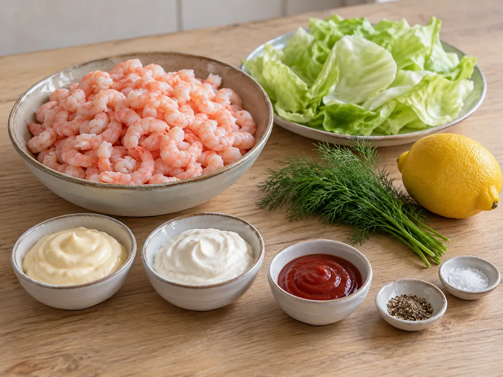 Kokta räkor, sallad, citron, dill och ingredienser till rosa cocktailsås
