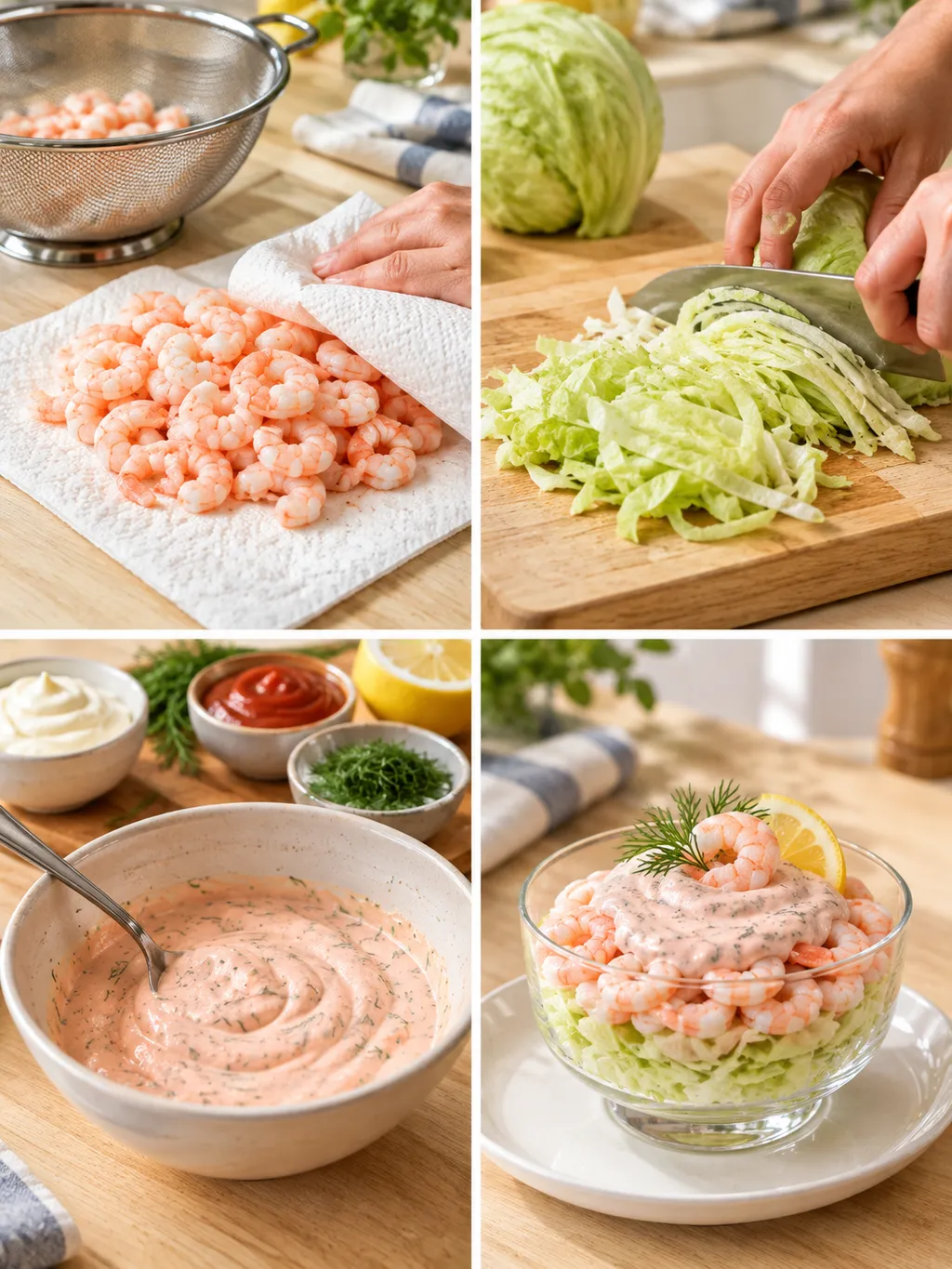 Räkor torkas, sallad strimlas och rosa sås blandas till färdig räkcocktail