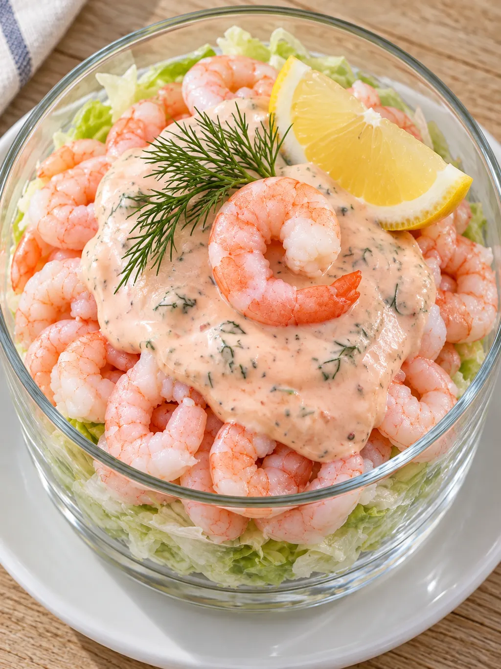 Räkcocktail med rosa cocktailsås, skalade räkor, dill och citronklyfta
