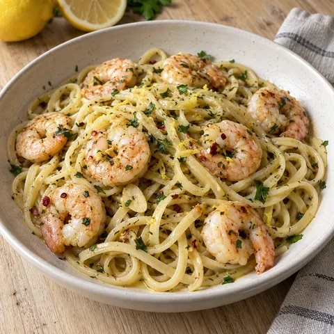 Räkpasta med vitlök, chili, citron och persilja i en ljus djup tallrik