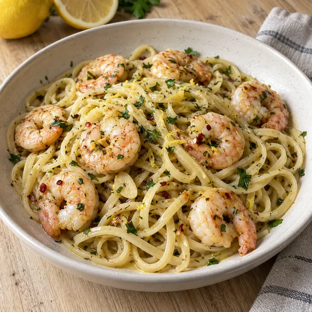 Räkpasta med vitlök, chili, citron och persilja i en ljus djup tallrik
