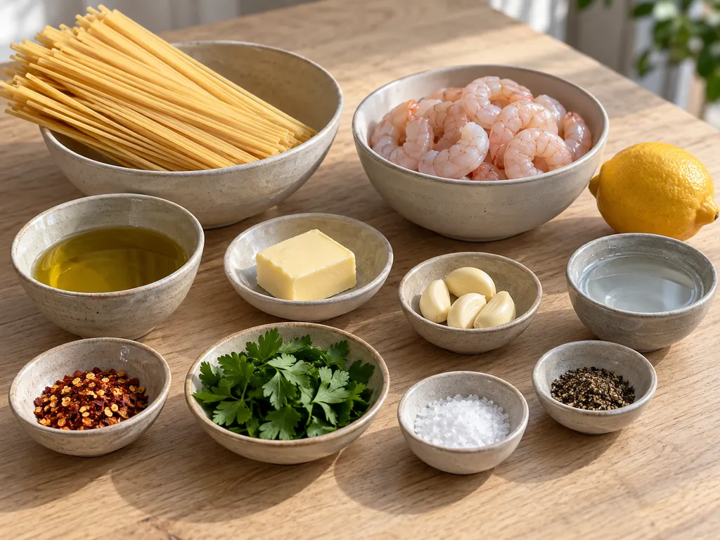Linguine, råa räkor, vitlök, chili, citron, smör och persilja i separata skålar