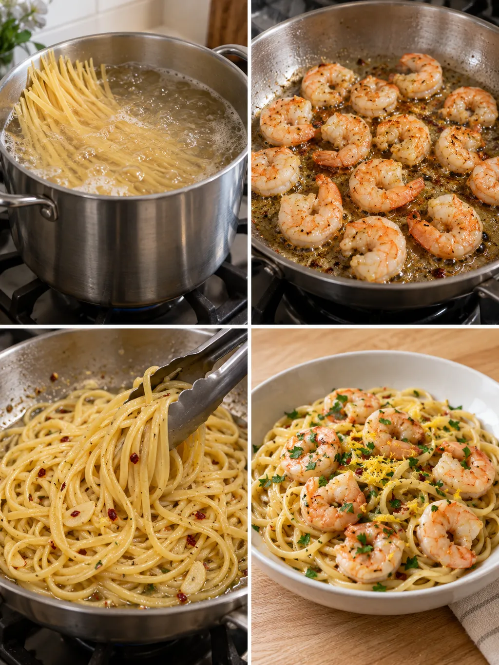 Linguine kokas, räkor steks och räkpasta vänds ihop och serveras
