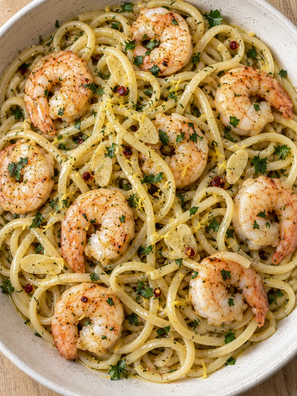 Linguine med rosa räkor, citronskal, chiliflingor och hackad persilja