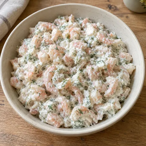 Krämig räksallad med grova räkbitar och dill i en ljus keramikskål