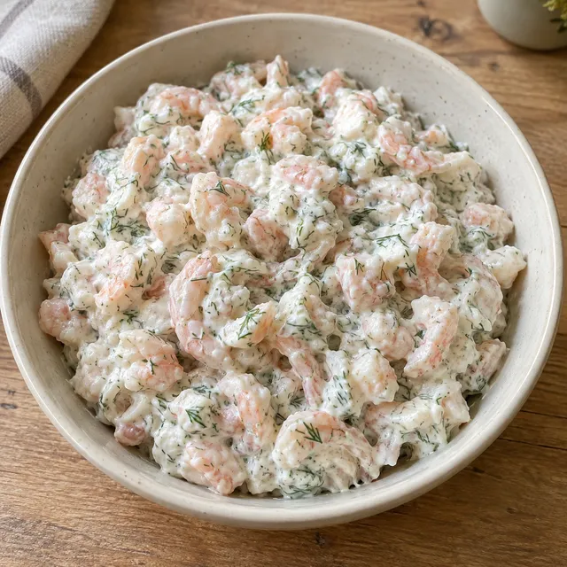 Krämig räksallad med grova räkbitar och dill i en ljus keramikskål