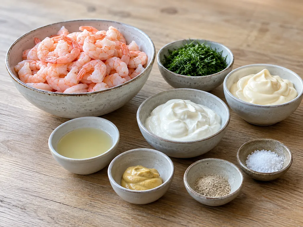 Kokta räkor, dill, majonnäs, crème fraiche och kryddor till räksallad