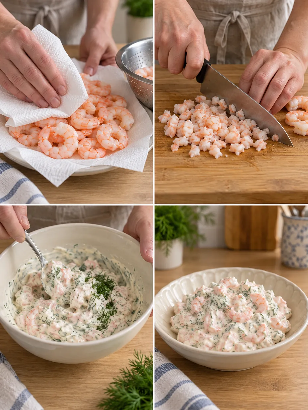 Räkor torkas, hackas och blandas till färdig räksallad med dill