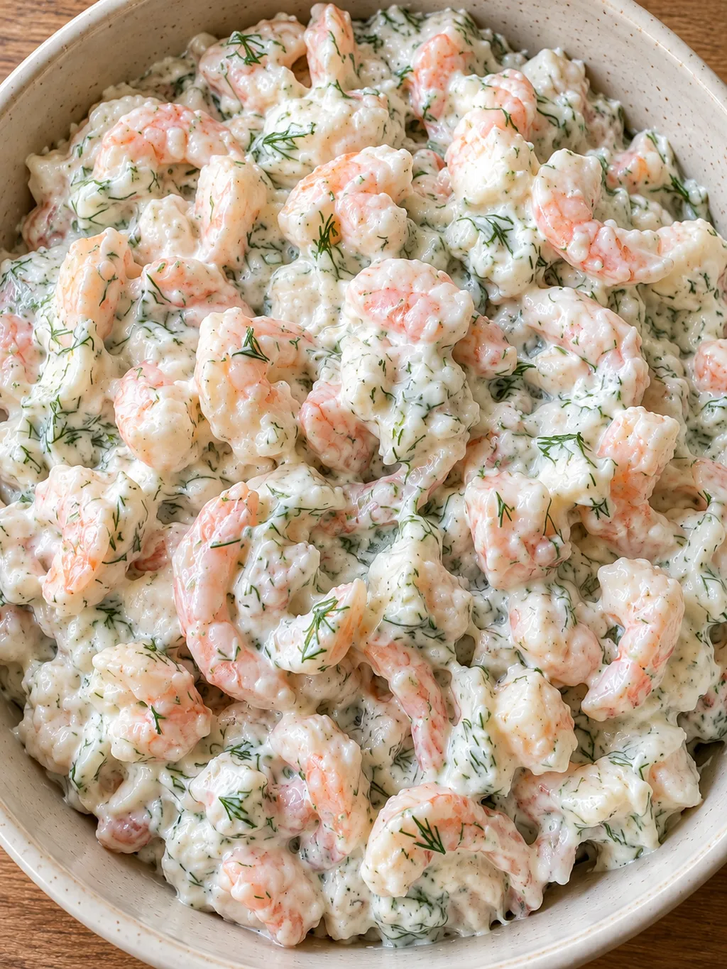 Räksallad med rosa räkbitar och finhackad dill i krämig dressing