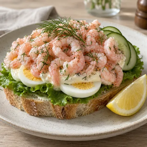 Räksmörgås med skivat ägg, majonnäs, dill, gurka och citron på ljus tallrik