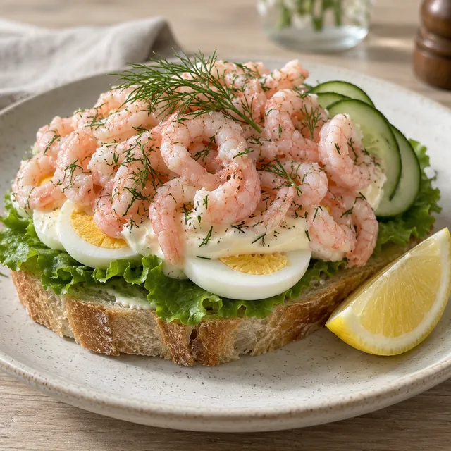 Räksmörgås med skivat ägg, majonnäs, dill, gurka och citron på ljus tallrik