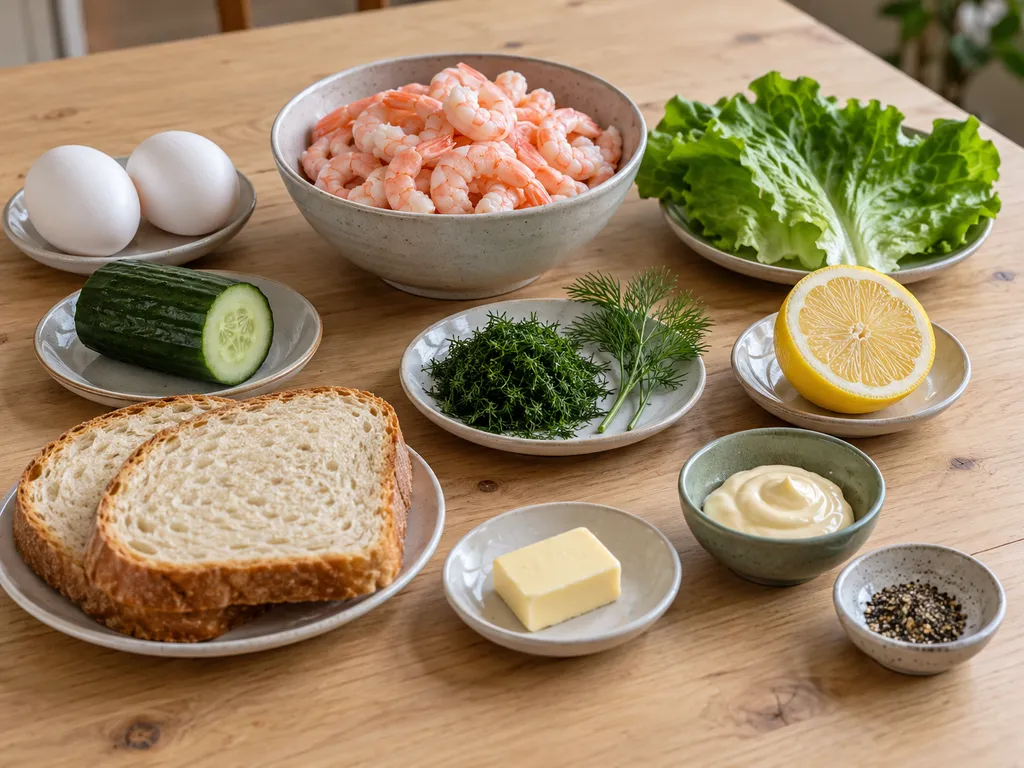 Räkor, ägg, bröd, smör, majonnäs, sallad, gurka, dill, citron och svartpeppar